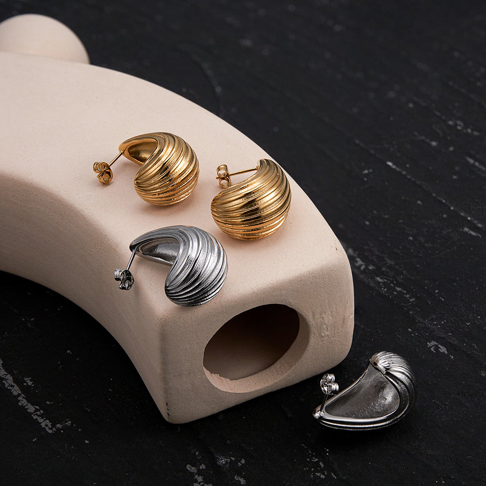 Odette Rain Drop Hollow Stripe Stud Earrings