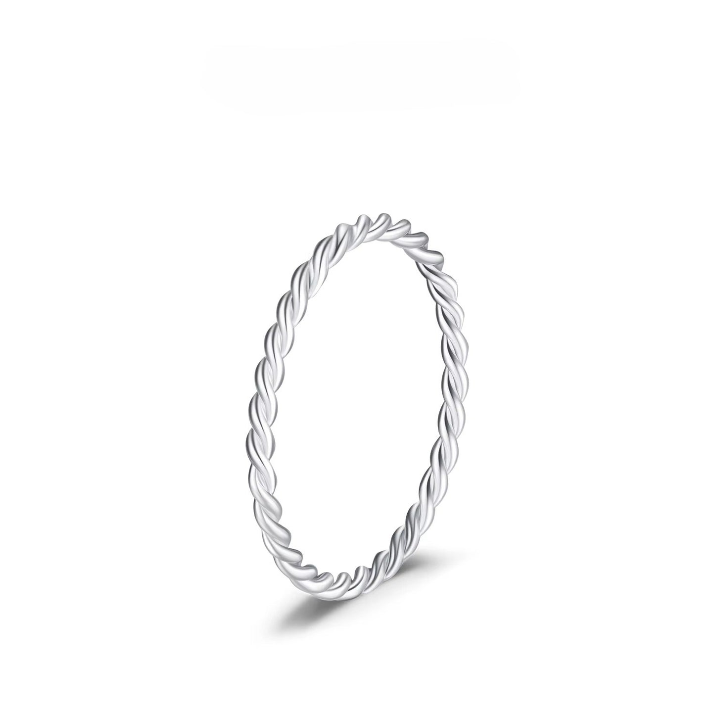 Silver ring with a braided design on a white background