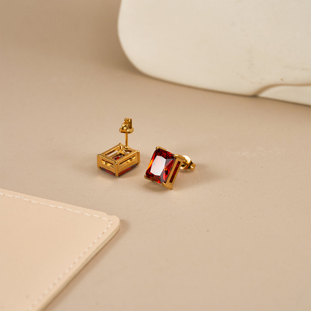 Isolde Square Red Zircon Stud Earrings