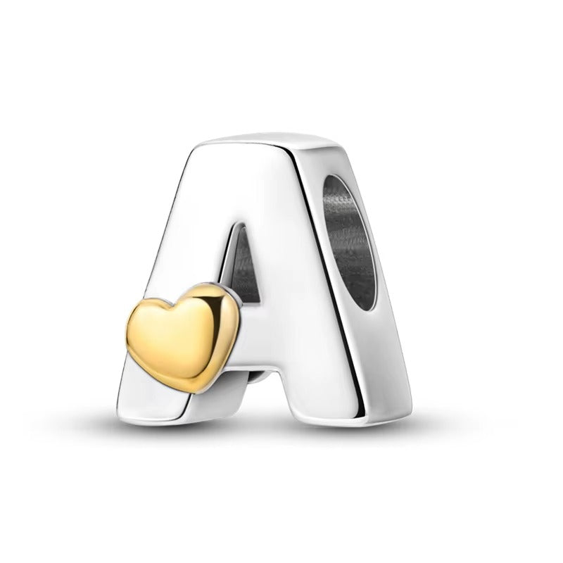 Silver Letter Charms with Gold Heart (A–Z)