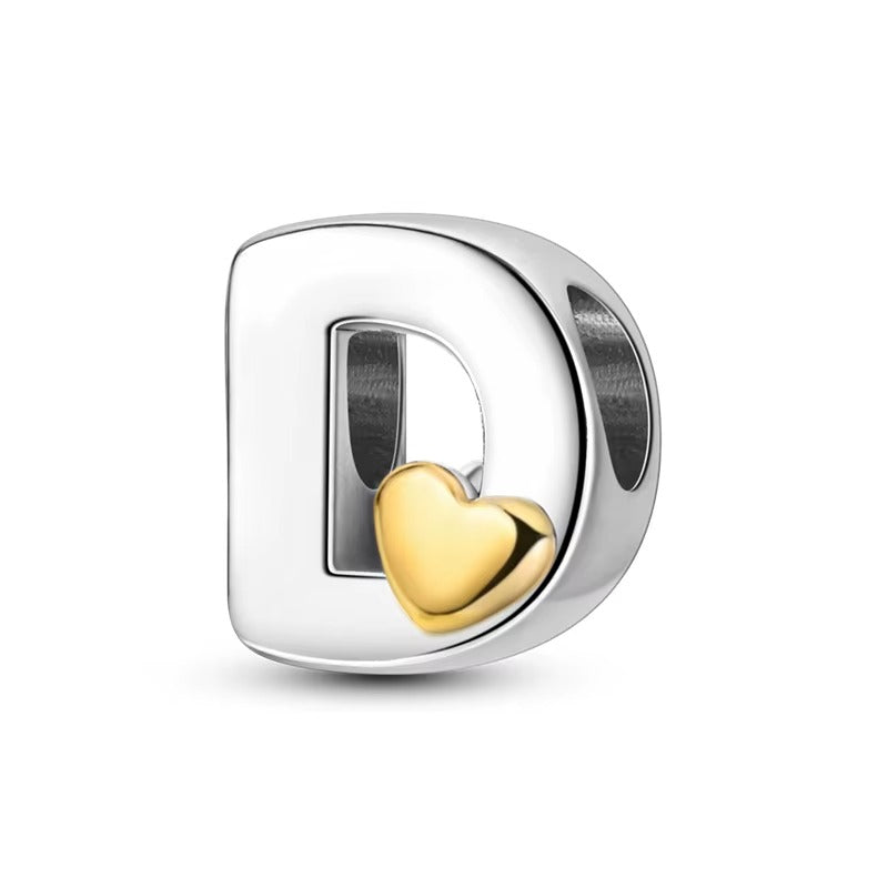 Silver Letter Charms with Gold Heart (A–Z)