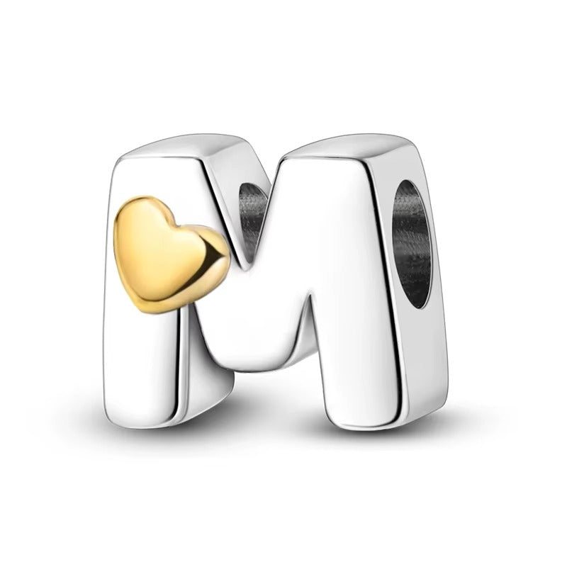 Silver Letter Charms with Gold Heart (A–Z)