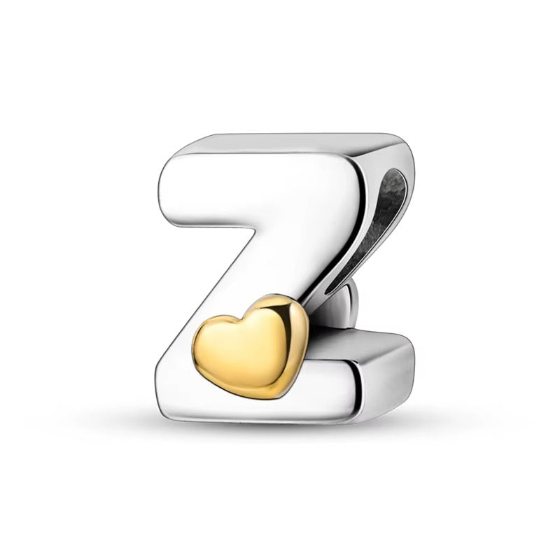 Silver Letter Charms with Gold Heart (A–Z)