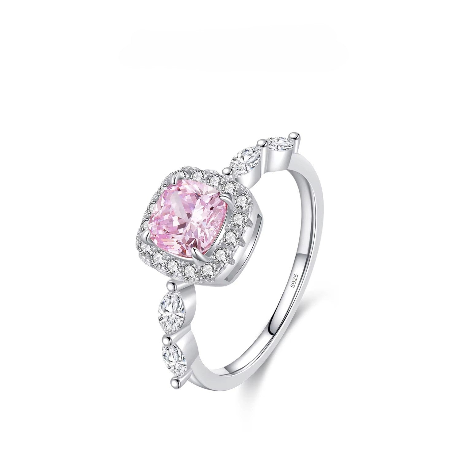 Silver ring with a pink gemstone on a white background