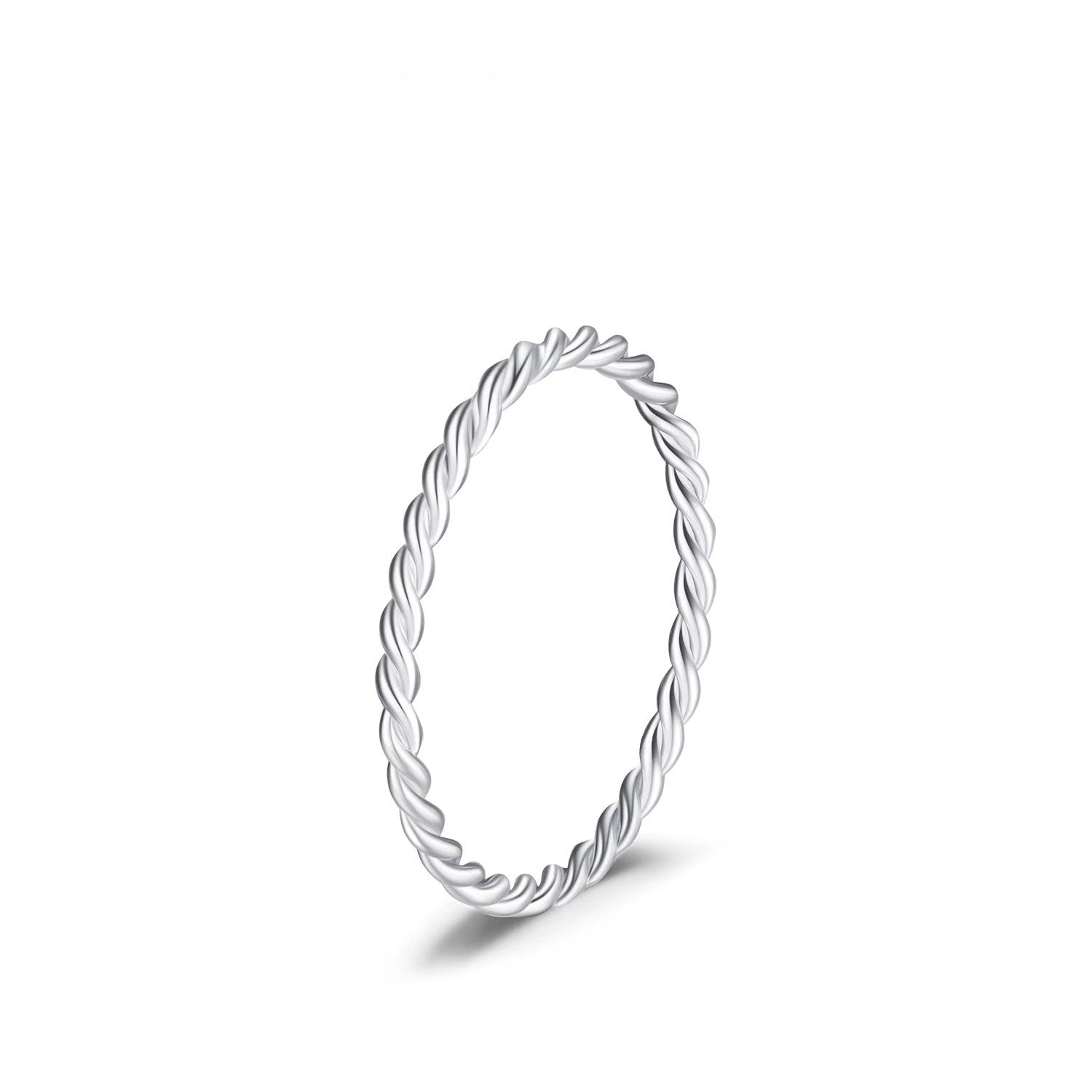 Silver ring with a braided design on a white background