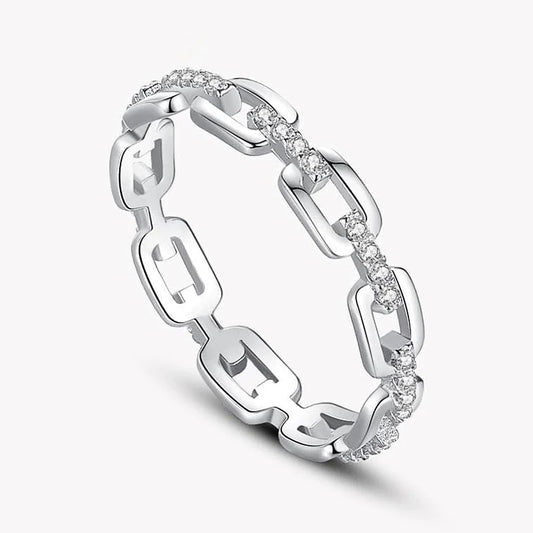925 sterling silver chain-link ring with zircon stones