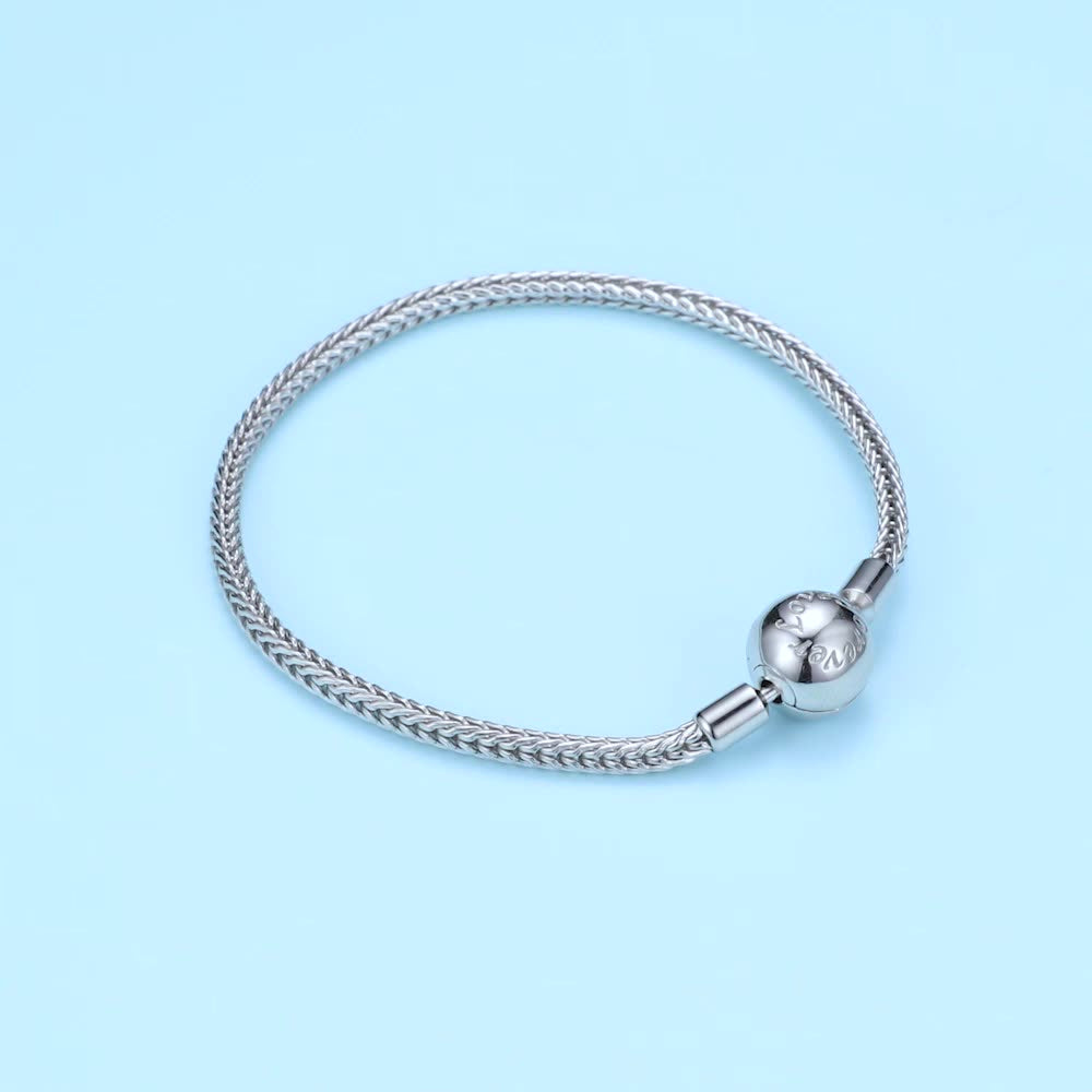 925 sterling silver snake-chain bracelet with polished sphere clasp on white background