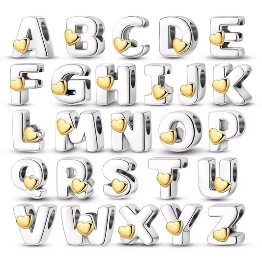 Silver Letter Charms with Gold Heart (A–Z)